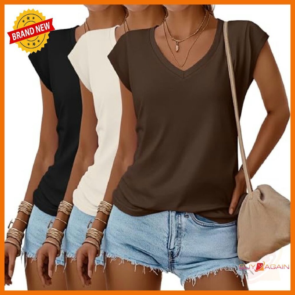 3 Pack V-Neck Tees, Cap Sleeve, Loose Fit, Poly-Cotton-Spandex Blend - Picture 2 of 8